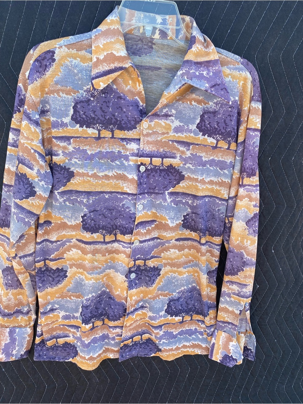 70s vintage Men's Purple & Tan Patterned Button-Up Shirt